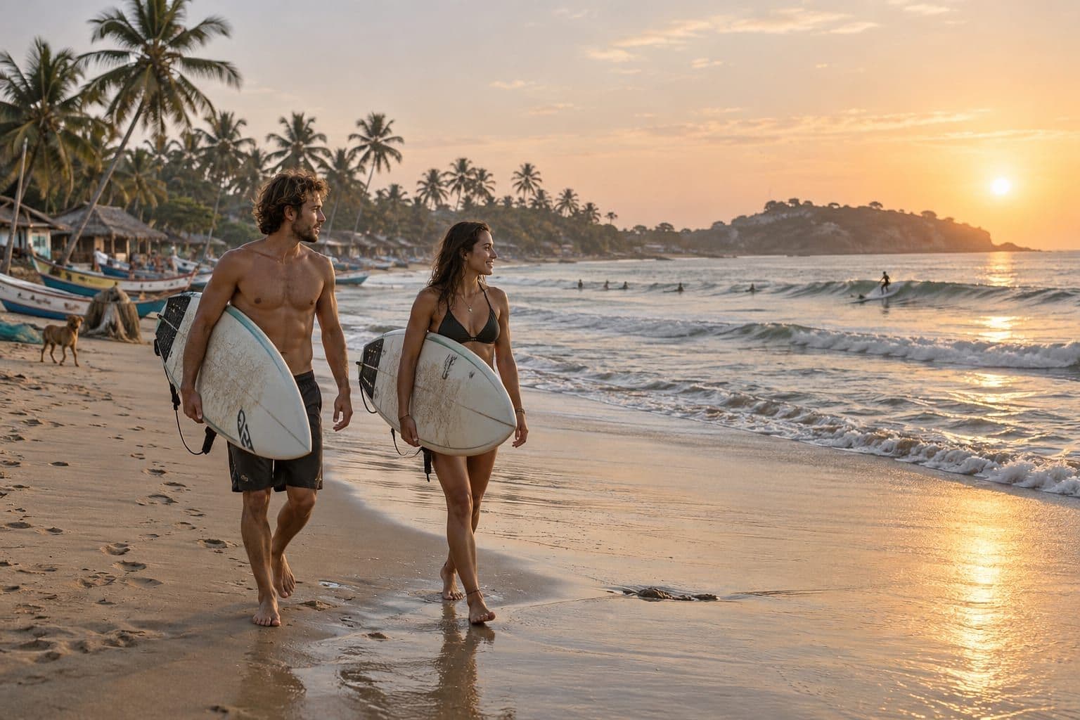 Surfers on the beach at Arugam Bay